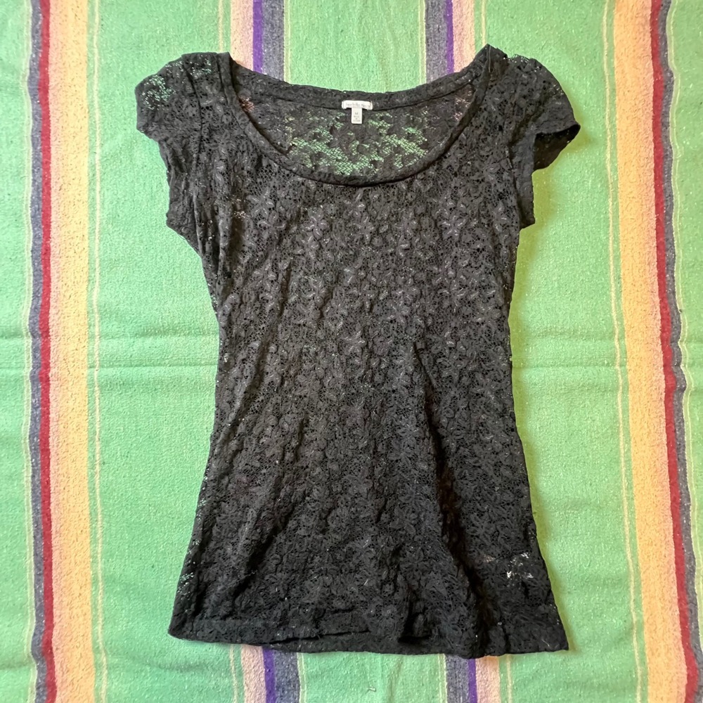 Charlotte Russe Lace Top Womens M Black Floral Sheer Cap Sleeve Y2K 2T7436-B